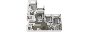 A white floor plan of a house with a kitchen, living room, and bedrooms.