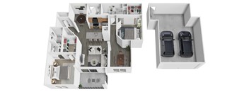 A white floor plan of a house with two bedrooms and two bathrooms.