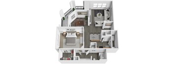 A white floor plan of a house with a balcony and a kitchen.