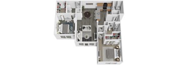 A top down view of a small apartment with a kitchen, living room, and bedroom.