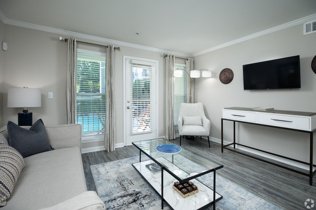 a living room with a couch a coffee table and a tv