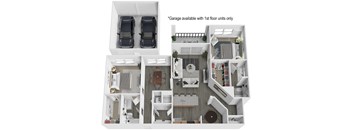 A diagram shows a floor plan of an apartment with a note that a garage is available with first floor units only.