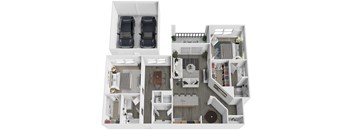 A cutaway diagram of a house showing the layout of the rooms.