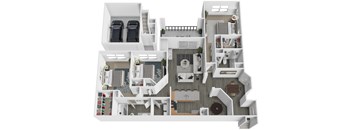 A 3D floor plan of a house with two bedrooms, a living room, a kitchen, and a garage.