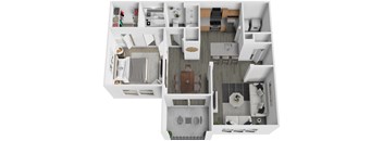 A 3D floor plan of a small apartment with a kitchen, living room, and bathroom.