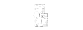 A floor plan of a house with a kitchen, living room, and two bedrooms.