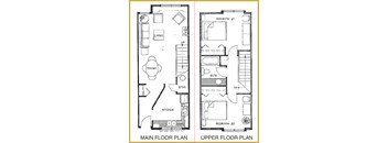 A floor plan shows a main floor with a living area, dining area, kitchen, and a storage space, and an upper floor with two bedrooms.