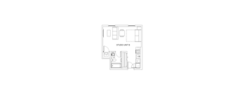 A floor plan of a studio apartment layout.
