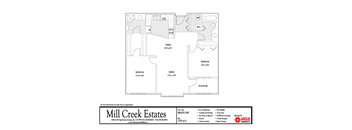 A floor plan for Mill Creek Estates with three bedrooms and two bathrooms.