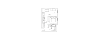 A floor plan of a one bedroom unit.
