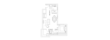 A floor plan of a room with furniture and appliances.