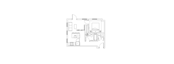 A floor plan of a 1-bedroom unit with a kitchen, living room, and bathroom.
