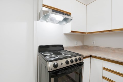 A black and silver stove in a kitchen with white cabinets.