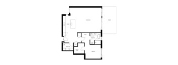 A black and white image of a house floor plan with a kitchen, living room, terrace, bathroom, walk-in closet, and bedroom.