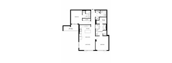 A black and white floor plan of a house with a balcony, kitchen, dining area, and two bedrooms.