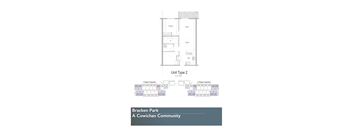 2d floorplan of a 2 bedroom, 1 bathroom unit