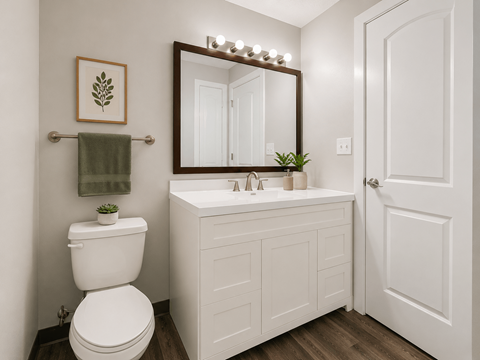 A white toilet sits next to a white sink in a bathroom.