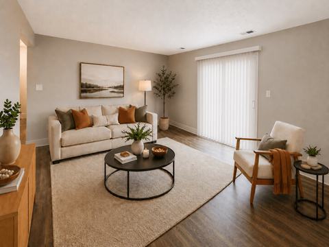 A living room with a white couch, a coffee table, and a chair.