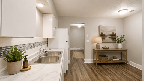 A kitchen with white cabinets and a marble countertop.