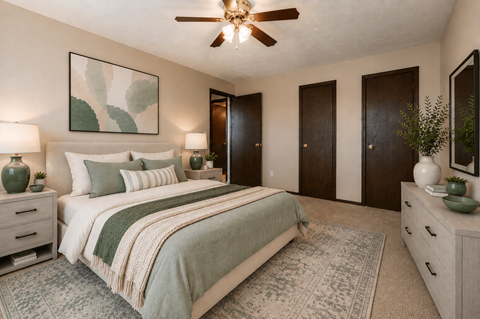 A bedroom with a bed, two nightstands, and a ceiling fan.