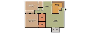 A floor plan of a house with a master bedroom, two bathrooms, a living room, a dining room, a kitchen, and a deck/patio.