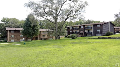 A grassy field with apartment buildings in the background.