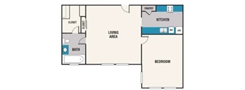 A floor plan of a room with a living area, kitchen, pantry, bath, and bedroom.