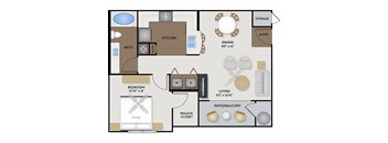 A floor plan of a home showing a bedroom, living room, kitchen, and bathroom.