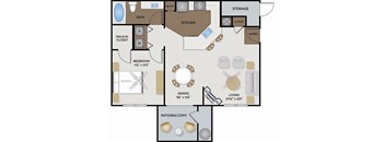 A floor plan of a home with a living room, dining room, kitchen, and bedrooms.
