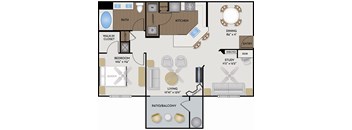 A floor plan of a house with a living room, dining room, kitchen, and bathroom.