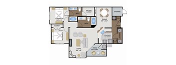 A floor plan of a house with a living room, dining room, kitchen, and two bathrooms.