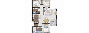 A floor plan of a home with two bedrooms, a living room, a dining room, a kitchen, a bathroom, and a patio/balcony.