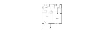 A floor plan of a small apartment with a kitchen, bathroom, living room and bedroom.