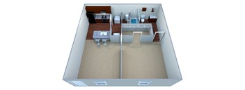 A 3D image of a small apartment with a kitchen, living room, and bathroom.