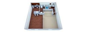 A 3D floor plan of a small apartment with a kitchen, living room, and bedroom.