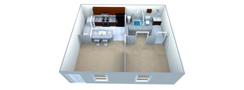 A 3D image of a small apartment with a bedroom, living room, and kitchen.
