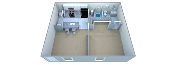 A 3D image of a house layout with a kitchen, living room, and two bedrooms.