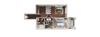 A 3D floor plan of a small apartment with a bedroom, living room, and kitchen.