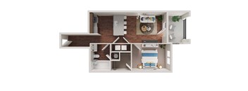A top-down view of a small apartment with a bedroom, living room, and kitchen.