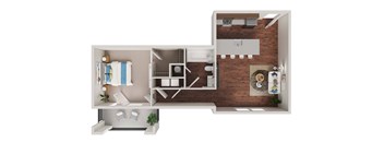 A 3D floor plan of a small apartment with a kitchen, living room, and bathroom.