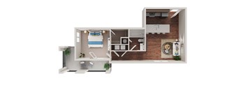 A 3D floor plan of a house with a kitchen, living room, and bathroom.