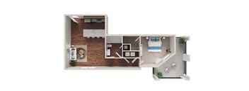 A 3D floor plan of a small apartment with a kitchen, living room, and bathroom.