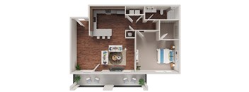 A top-down view of a small apartment with a kitchen, living room, and bathroom.