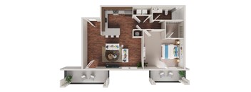 A 3D floor plan of a house with a kitchen, living room, and bathroom.