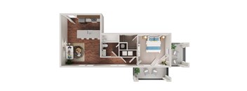 A dollhouse with a kitchen, living room, and bathroom.