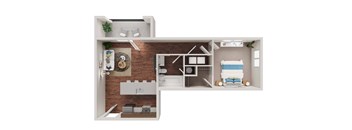 A dollhouse with a bedroom, living room, and kitchen.