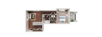 A 3D rendered image of a small apartment layout.