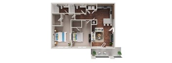 A 3D floor plan of a house with a living room, kitchen, and two bedrooms.