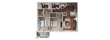A 3D rendered image of a small apartment layout.