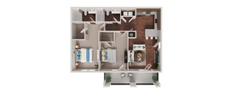 A top-down view of a room with a bed, a desk, a couch, and a TV.